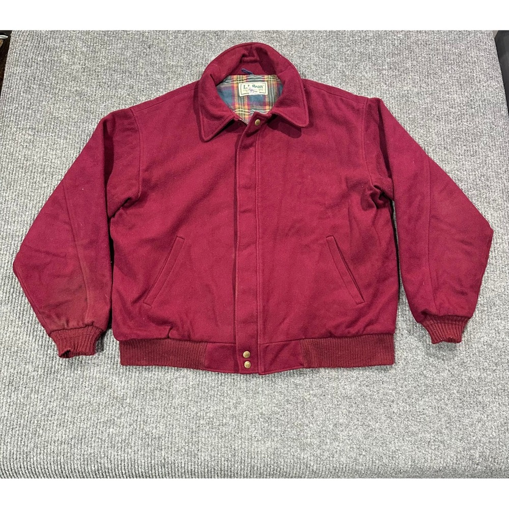 L.L. Bean Wool Bomber Jacket Mens XL Burgundy Red Vintage Plaid Lined USA Made